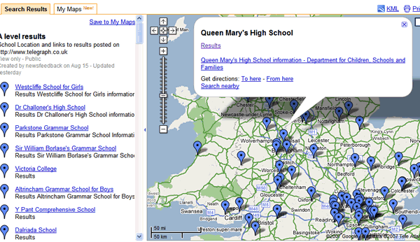 A levels results Google Maps mashup