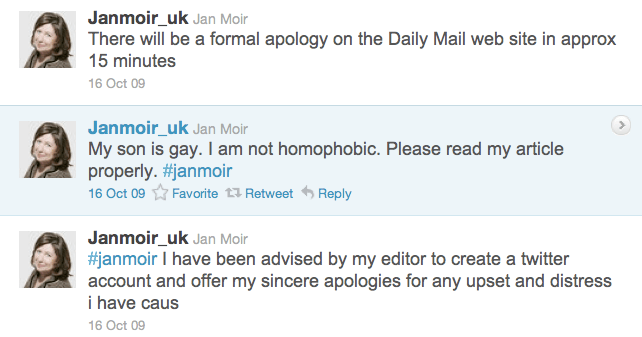 Fake Jan Moir tweets on Twitter