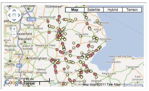 A map generated in Google Fusion Tables from a geocoded dataset