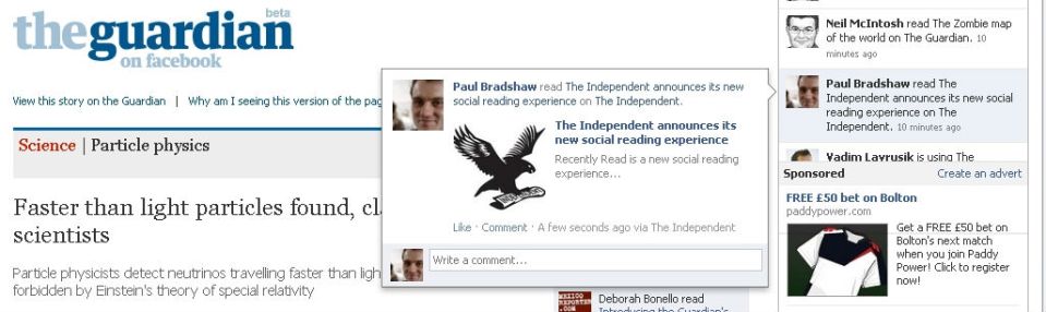 The Guardian news app with Independent stories in the user's news stream