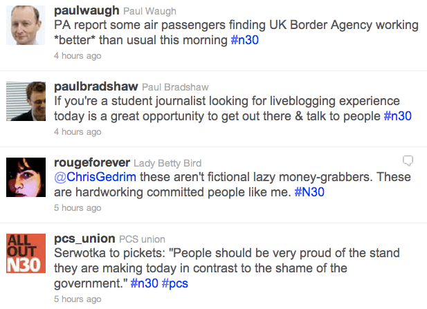 Liveblogging the strikes: Twitter's #n30 stream