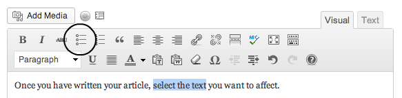 The Wordpress formatting button for bullets