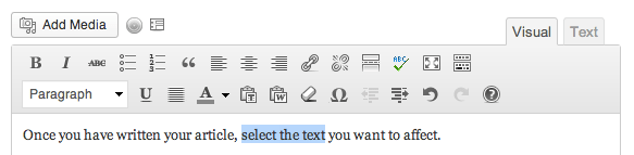 Wordpress Formatting Menu with selectedText