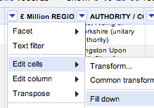 The Fill Down menu in Open Refine