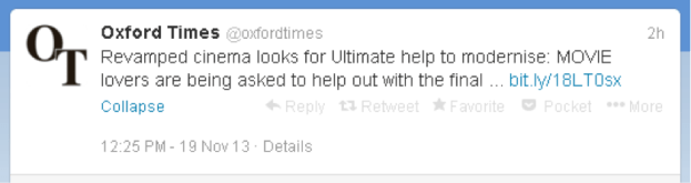 Oxford Times tweet - "Revamped cinema looks for Ultimate help to modernise: MOVIE lovers..."