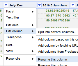 The rename column menu