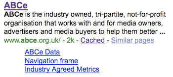 ABCe in Google: meaningless description, absurd sitelinks