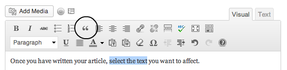 The WordPress formatting button for blockquotes