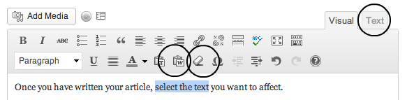 The WordPress formatting buttons for cleaning