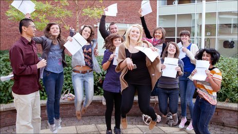 Photogenic students leap in celebration of a level results