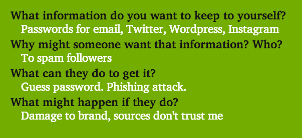 What info do you want to keep? Passwords. Why might someone want it? To spam. What can they do? Guess password, phishing. What might happen? Damage to brand, trust.