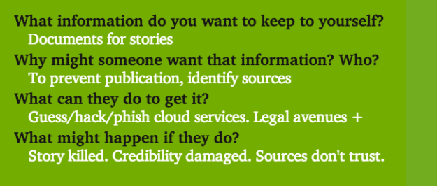What info? Documents. Why? To prevent publication, identify sources. What can they do? Guess, hack, phish passwords for cloud services. Legal avenues etc. What might happen? Story killed, credibility damaged, sources don't trust.