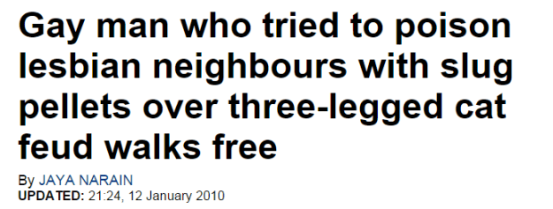 Gay man who tried to poison lesbian neighbours with slug pellets over three-legged cat feud walks free  Read more: http://www.dailymail.co.uk/news/article-1242637/Gay-man-tried-poison-lesbian-neighbours-slug-pellets-legged-cat-feud-walks-free.html#ixzz3FkUxMv41  Follow us: @MailOnline on Twitter | DailyMail on Facebook