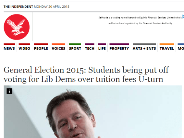 General Election 2015 Students being put off voting for Lib Dems over tuition fees U turn General Election 2015 UK Politics The Independent