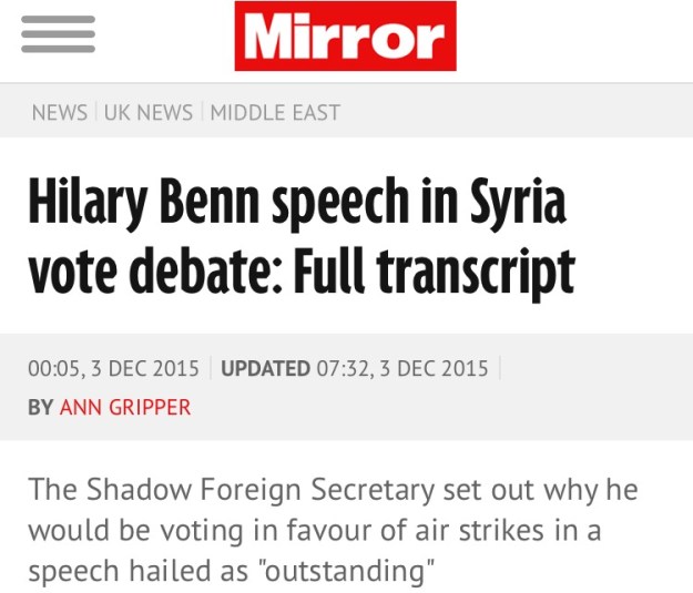 Mirror Hilary Benn Headline