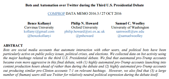Bots and Automation over Twitter during the Third U.S. Presidential Debate 