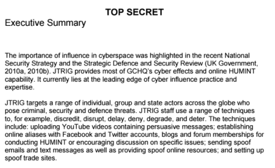 GCHQ JTRIG document outlining use of fake accounts