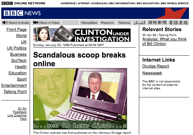 How the BBC website looked in 1998 when it reported on Drudge