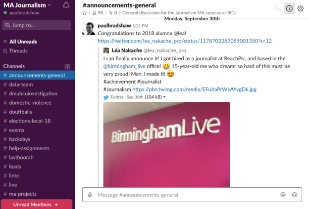 Slack screengrab showing channels on left