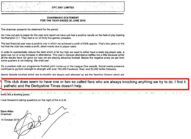 This club does seem to have one or two so called fans who are always knocking anything we do. I find it pathetic and the Derbyshire Times doesn't help.