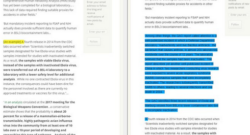 Before and after images of Cummings' blog post text