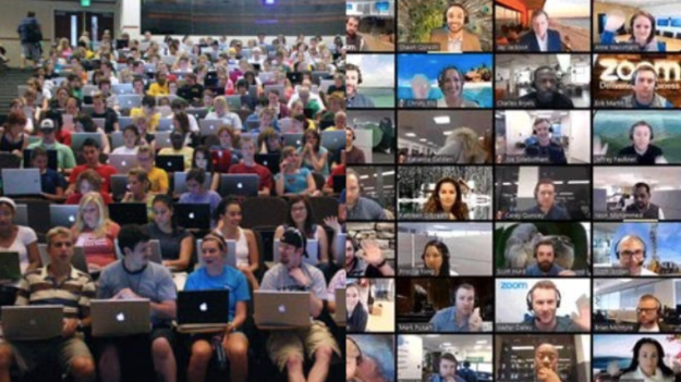 A classroom and a zoom call