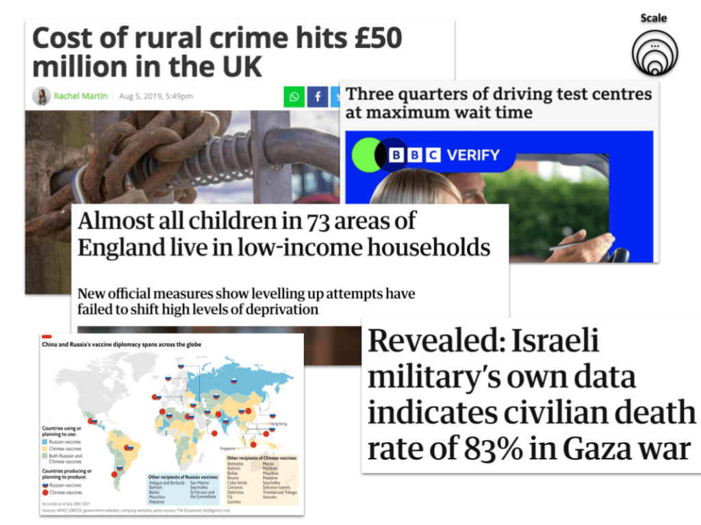 Screenshots of headlines:
Cost of rural crime hits £50m
Three quarters of driving test centres at maximum wait time