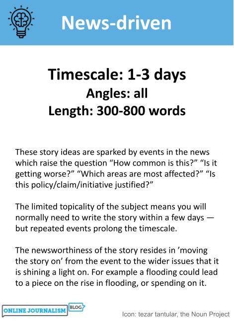 Timescale: 1-3 days. Angles: all. Length: 300-800 words. These story ideas are sparked by events in the news which raise the question “How common is this?” “Is it getting worse?” “Which areas are most affected?” “Is this policy/claim/initiative justified?” The limited topicality of the subject means you will normally need to write the story within a few days — but repeated events prolong the timescale. The newsworthiness of the story resides in ’moving the story on’ from the event to the wider issues that it is shining a light on. For example a flooding could lead to a piece on the rise in flooding, or spending on it.
