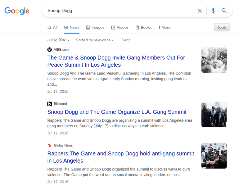 Screenshot of results for Snoop Dogg on a specific date in 2016. These revolve around a gang summit announcement.