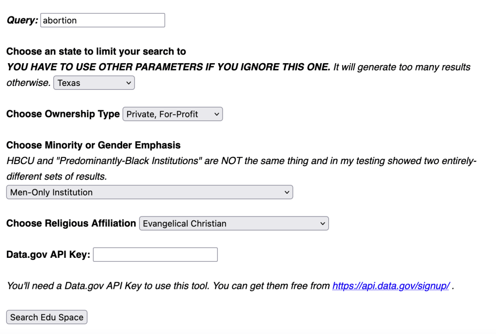 Search settings showing Texas selected, 'Private, For-Profit', men-only institutions with evangelical Christian affiliation