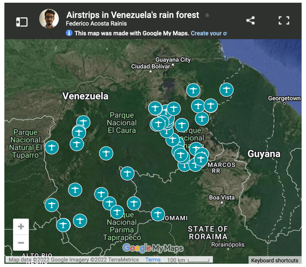 Map: Airstrips in Venezuela's rain forest