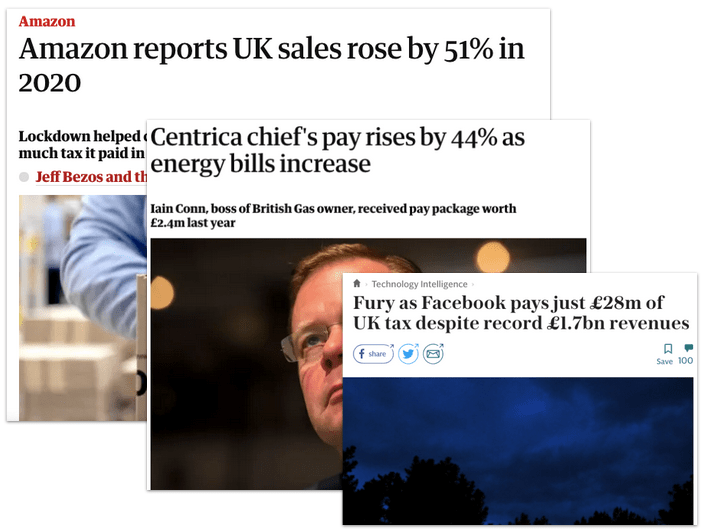 Headlines of stories about scale: Amazon reports UK sales rose by 51%; Centrica chief's pay rises by 44%