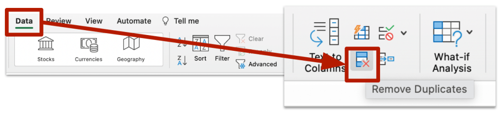 Data menu in Excel, with the 'remove duplicates' button highlighted