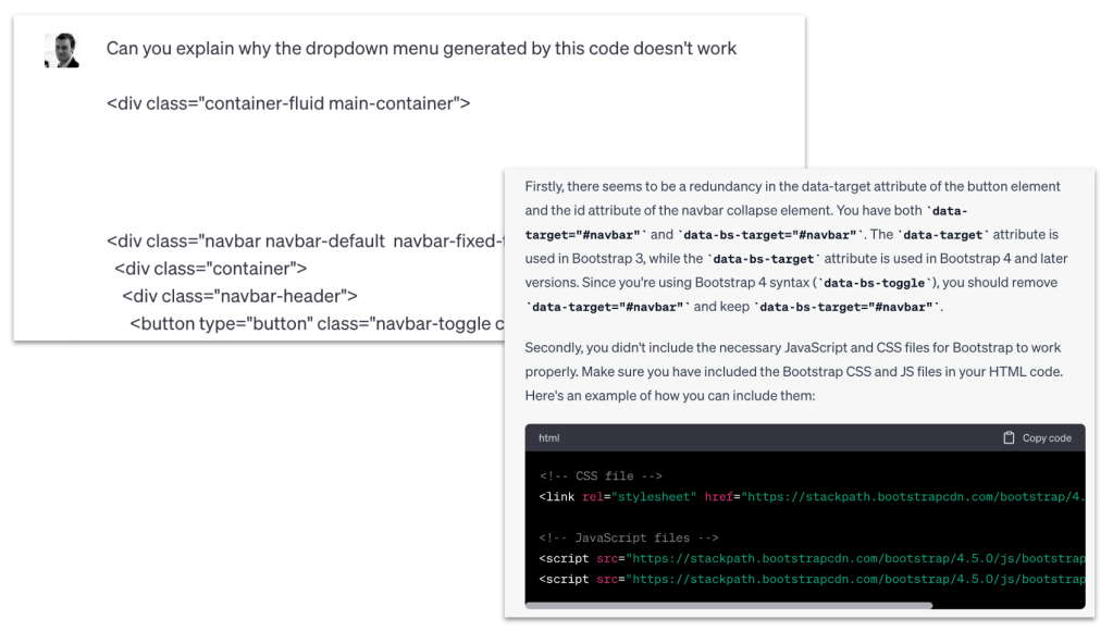 Prompt: Can you explain why the dropdown menu generated by this code doesn't work
Response: Firstly there seems to be a redundancy in the data-target attribute