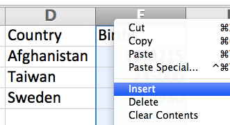 Dropdown menu when a column letter is clicked on: the 'Insert' option is selected