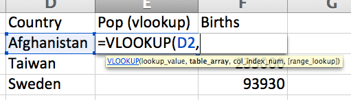 A cell in a spreadsheet with the part-written formula =VLOOKUP(D2,