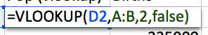 Cell in a spreadsheet showing the formula =VLOOKUP(D2,A:B,2,false)