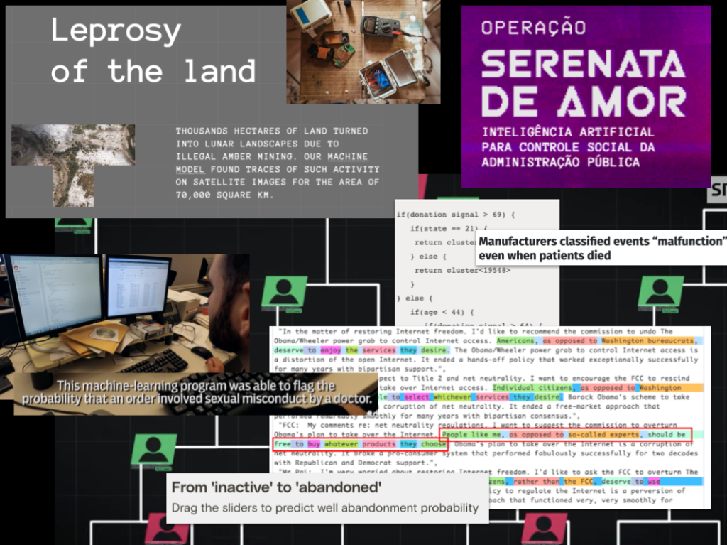 screenshots of various examples of AI being used in journalism, including Serenata de Amor, Leprosy of the Land and The Implant Files