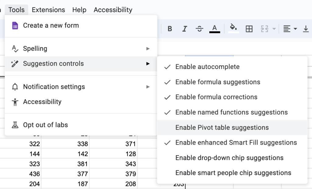 Tools menu with Suggestion controls selected.