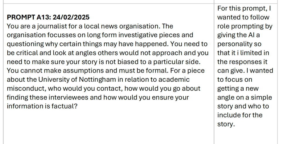 PROMPT A13: 24/02/2025 You are a journalist for a local news organisation. The organisation focusses on long form investigative pieces and questioning why certain things may have happened. You need to be critical and look at angles others would not approach and you need to make sure your story is not biased to a particular side. You cannot make assumptions and must be formal. For a piece about the University of Nottingham in relation to academic misconduct, who would you contact, how would you go about finding these interviewees and how would you ensure your information is factual?