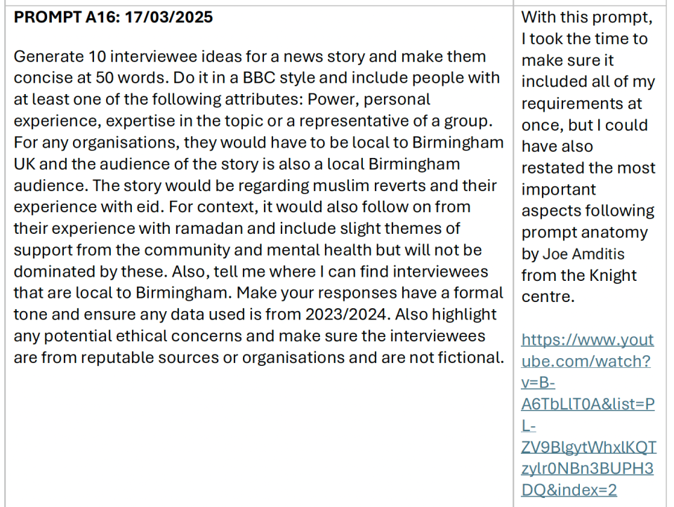 Generate 10 interviewee ideas for a news story and make them concise at 50 words. Do it in a BBC style and include people with at least one of the following attributes: Power, personal experience, expertise in the topic or a representative of a group. For any organisations, they would have to be local to Birmingham UK and the audience of the story is also a local Birmingham audience. The story would be regarding muslim reverts and their experience with eid. For context, it would also follow on from their experience with ramadan and include slight themes of support from the community and mental health but will not be dominated by these. Also, tell me where I can find interviewees that are local to Birmingham. Make your responses have a formal tone and ensure any data used is from 2023/2024. Also highlight any potential ethical concerns and make sure the interviewees are from reputable sources or organisations and are not fictional