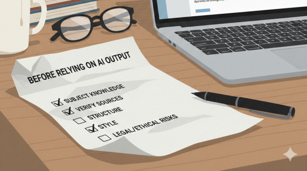 Editorial illustration of a journalist’s desk with a printed checklist titled “Before relying on AI output”, items ticked and unticked; beside it a laptop showing a draft article with highlighted passages and margin notes; checklist items include “subject knowledge”, “verify sources”, “structure”, “accuracy”, “style”, “legal/ethical risks”; 