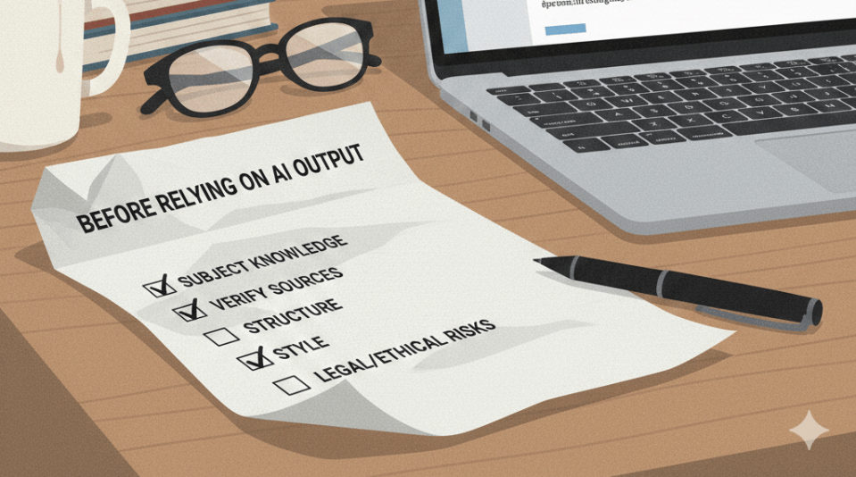 Editorial illustration of a journalist’s desk with a printed checklist titled “Before relying on AI output”, items ticked and unticked; beside it a laptop showing a draft article with highlighted passages and margin notes; checklist items include “subject knowledge”, “verify sources”, “structure”, “accuracy”, “style”, “legal/ethical risks”;
