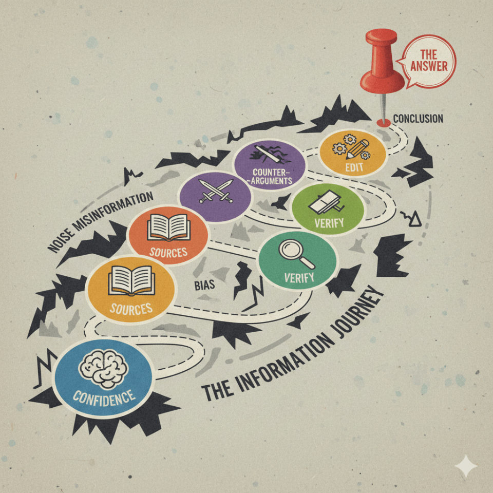 A local map-style illustration where a pinned "answer" destination is visible, but the route is overlaid with checkpoints labelled “confidence”, “sources”, “counter-arguments”, “verify”, “edit”;
