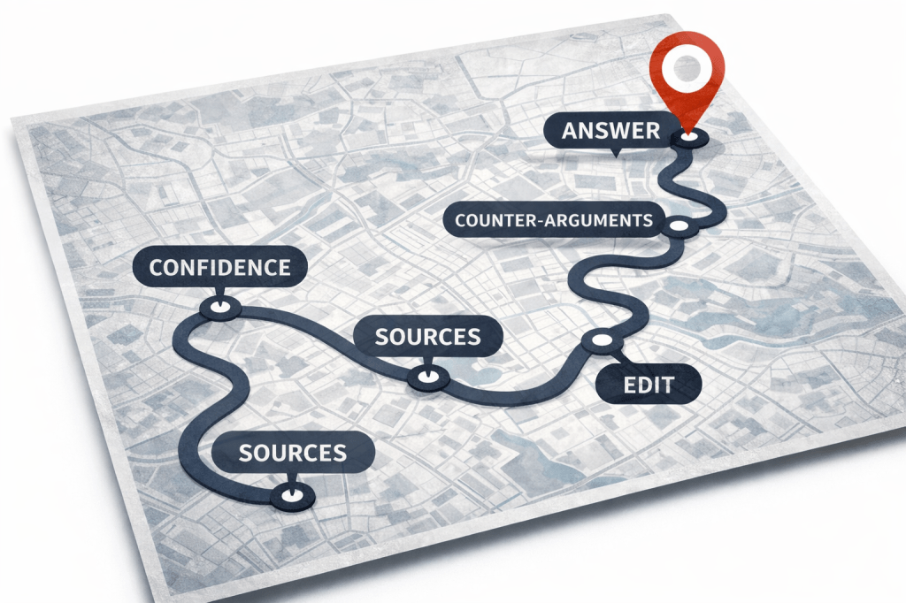 A local map-style illustration where a pinned "answer" destination is visible, but the route is overlaid with checkpoints labelled “confidence”, “sources”, “counter-arguments”, “verify”, “edit” (image generated by ChatGPT).