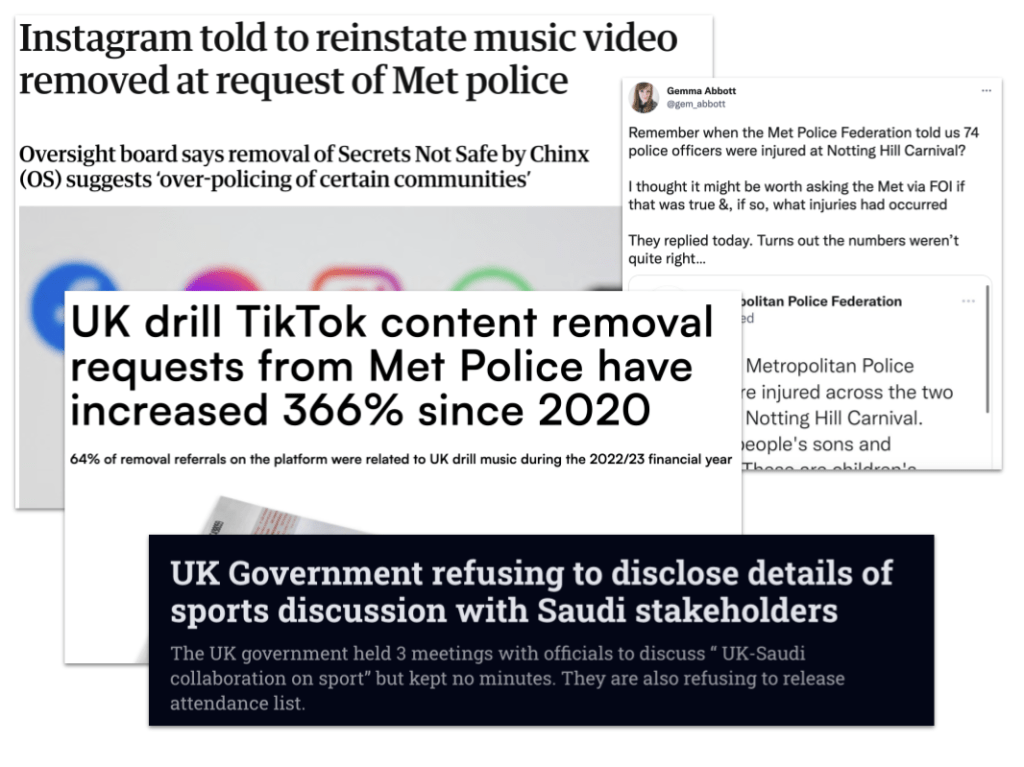 Headlines:
Instagram told to reinstate music video removed at request of Met police
UK drill TikTok content removal requests from Met Police have increased since 2020
UK Government refusing to disclose details of sports discussion with Saudi stakeholders