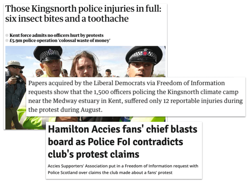 Headline: Those Kingsnorth police injuries in full: six insect bites and a toothache
Papers acquired by the Liberal Democrats via Freedom of Information requests show that the 1,500 officers policing the Kingsnorth climate camp near the Medway estuary in Kent, suffered only 12 reportable injuries during the protest during August.
Headline: Hamilton Accies fans' chief blasts board as Police FoI contradicts club's protest claims
Accies Supporters' Association put in a Freedom of Information request with Police Scotland over claims the club made about a fans' protest