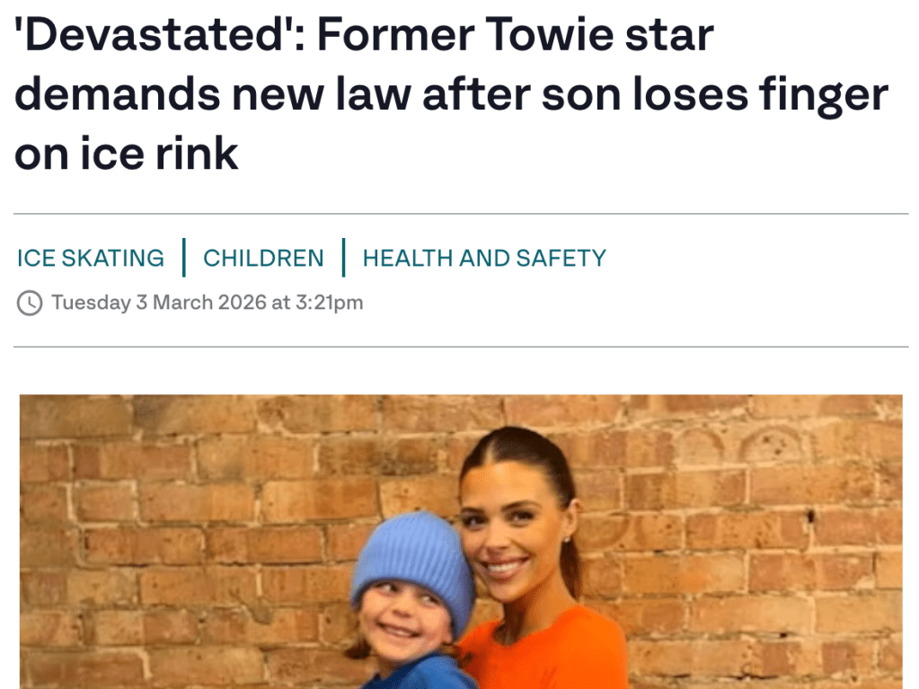 Former Towie star demands new law after son loses finger on ice rink