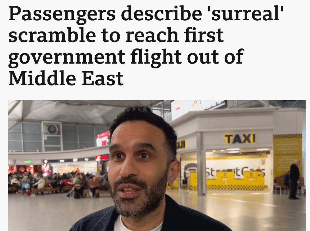 Article: Passengers describe 'surreal' scramble to reach first government flight out of Middle East
