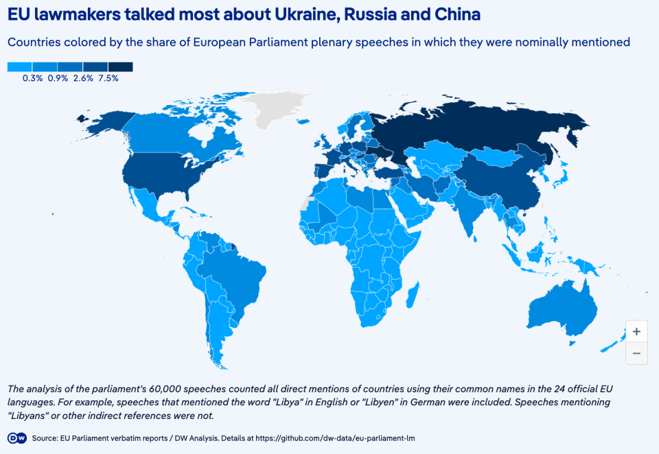 EU lawmakers talked most about Ukraine, Russia and China Countries colored by the share of European Parliament plenary speeches in which they were nominally mentioned: Choropleth where countries with more mentions are more darkly coloured - Russia is darkest